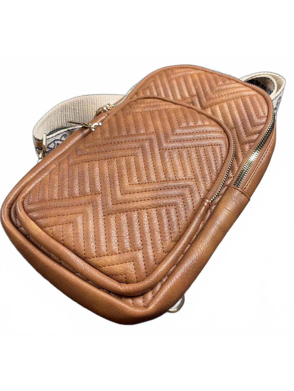 TELEVA Brown Quilted Crossbody Bag with Embroidered Strap